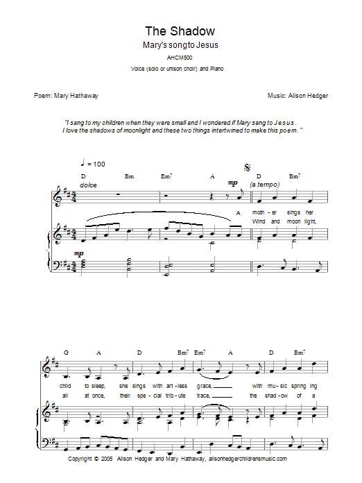 Preview Alison Hedger The Shadow Children sheet music, notes and chords for Melody Line, Lyrics & Chords, SKU: 33929 The Shadow sheet music