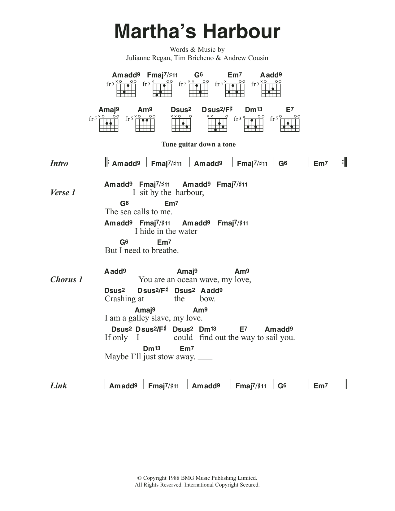 All About Eve Martha's Harbour Sheet Music Notes & Chords for Lyrics & Chords - Download or Print PDF