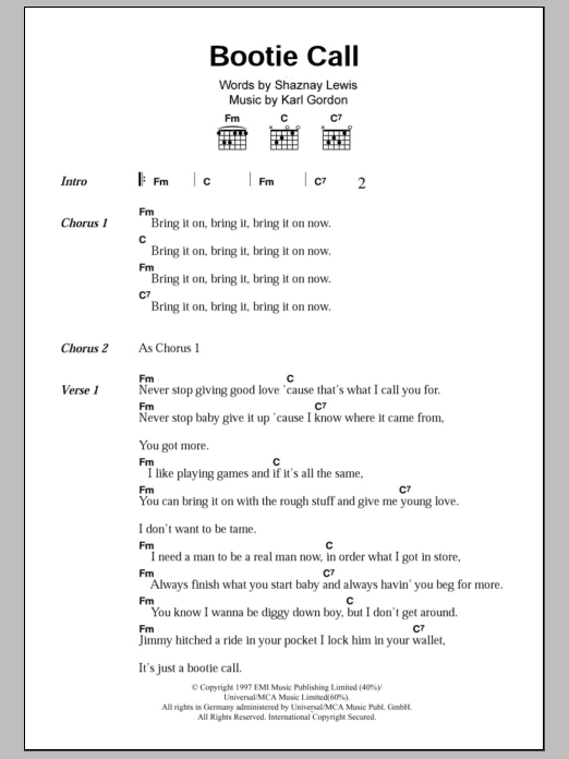 All Saints Bootie Call Sheet Music Notes & Chords for Guitar Chords/Lyrics - Download or Print PDF