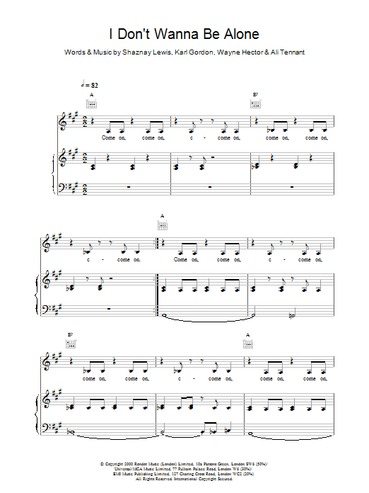 All Saints I Don't Wanna Be Alone Sheet Music Notes & Chords for Piano, Vocal & Guitar - Download or Print PDF