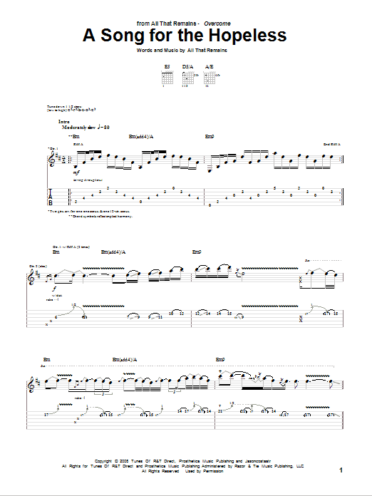 All That Remains A Song For The Hopeless Sheet Music Notes & Chords for Guitar Tab - Download or Print PDF