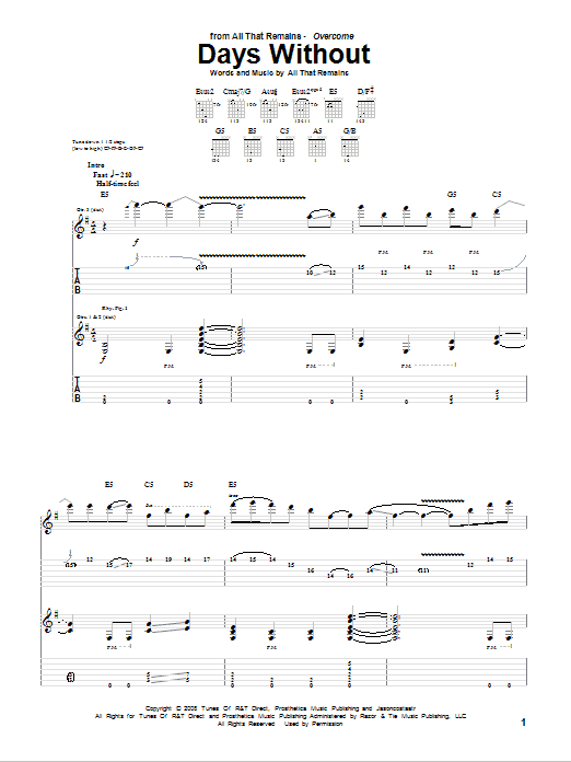 All That Remains Days Without Sheet Music Notes & Chords for Guitar Tab - Download or Print PDF