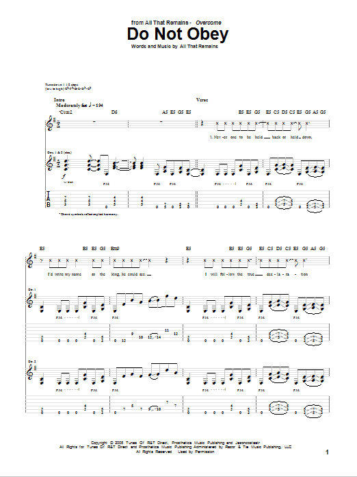 All That Remains Do Not Obey Sheet Music Notes & Chords for Guitar Tab - Download or Print PDF