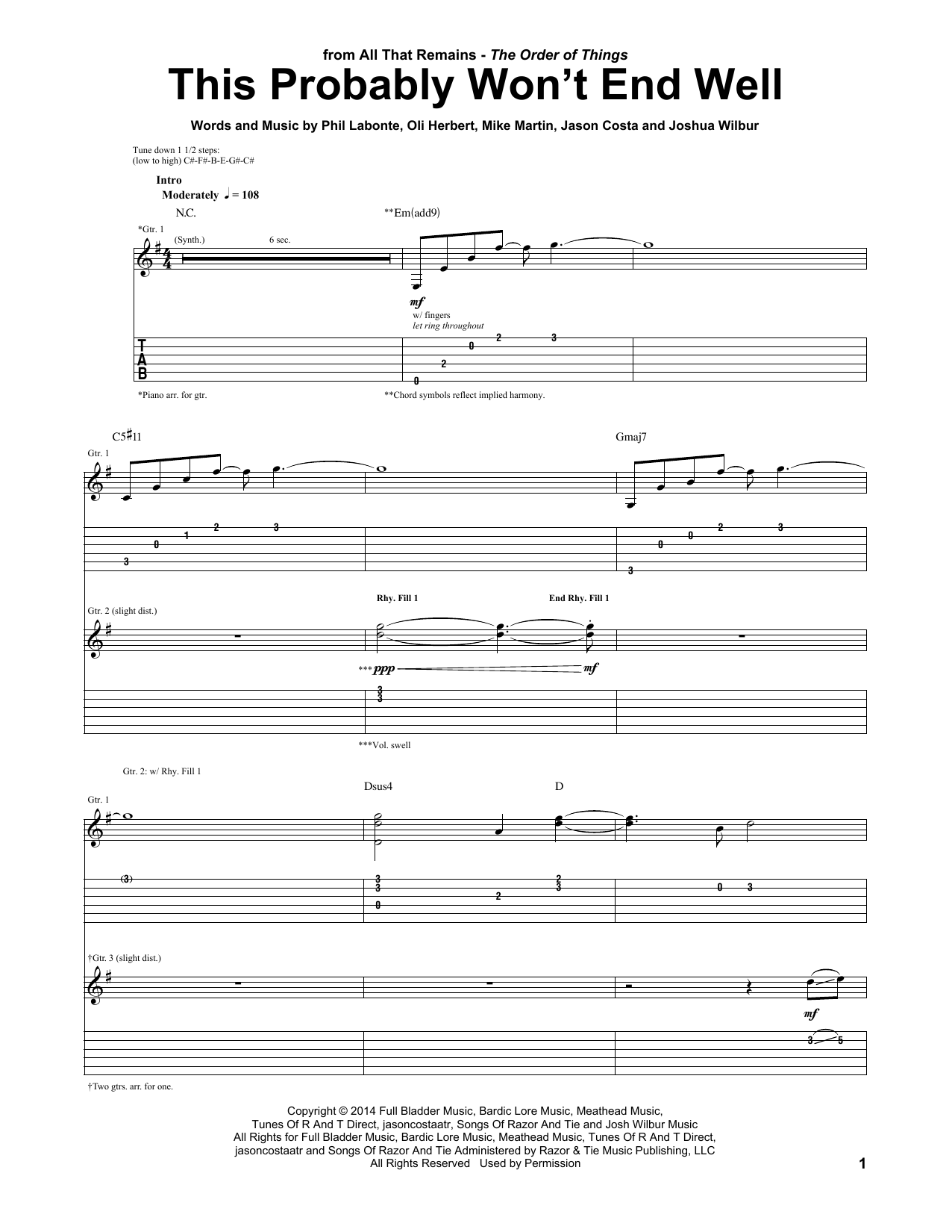 All That Remains This Probably Won't End Well Sheet Music Notes & Chords for Guitar Tab - Download or Print PDF