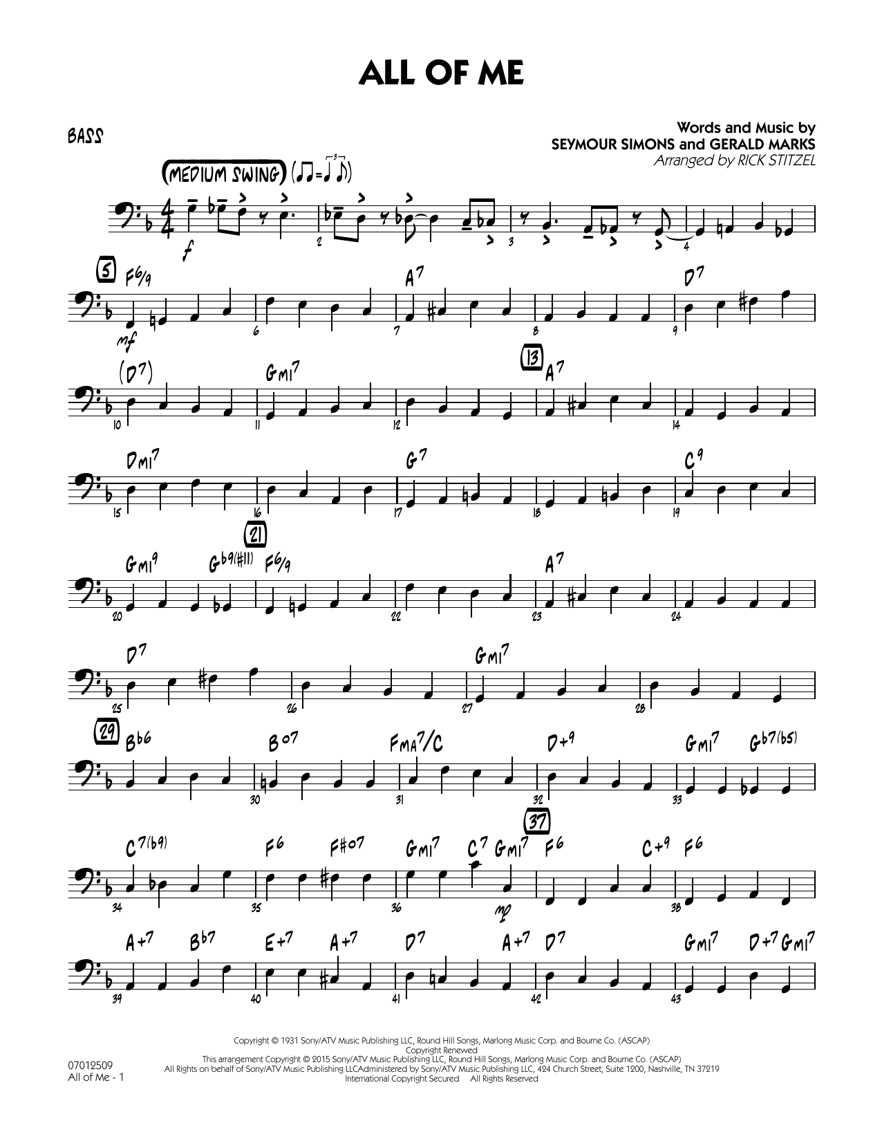 Rick Stitzel All Of Me Key F Bass Sheet Music Download Pdf Score 340337