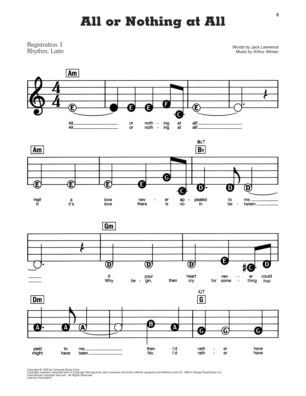 Preview Arthur Altman All Or Nothing At All Jazz sheet music, notes and chords for Piano, Vocal & Guitar (Right-Hand Melody), SKU: 13618 All Or Nothing At All sheet music