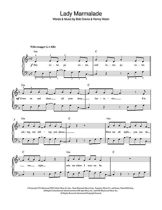 Preview All Saints Lady Marmalade R & B sheet music, notes and chords for Piano, Vocal & Guitar (Right-Hand Melody), SKU: 13811 Lady Marmalade sheet music