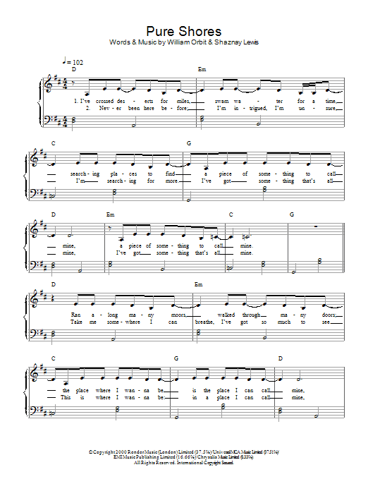 Preview All Saints Pure Shores R & B sheet music, notes and chords for Piano & Vocal, SKU: 104378 Pure Shores sheet music