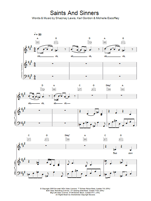 Preview All Saints Saints And Sinners R & B sheet music, notes and chords for Piano, Vocal & Guitar, SKU: 18804 Saints And Sinners sheet music