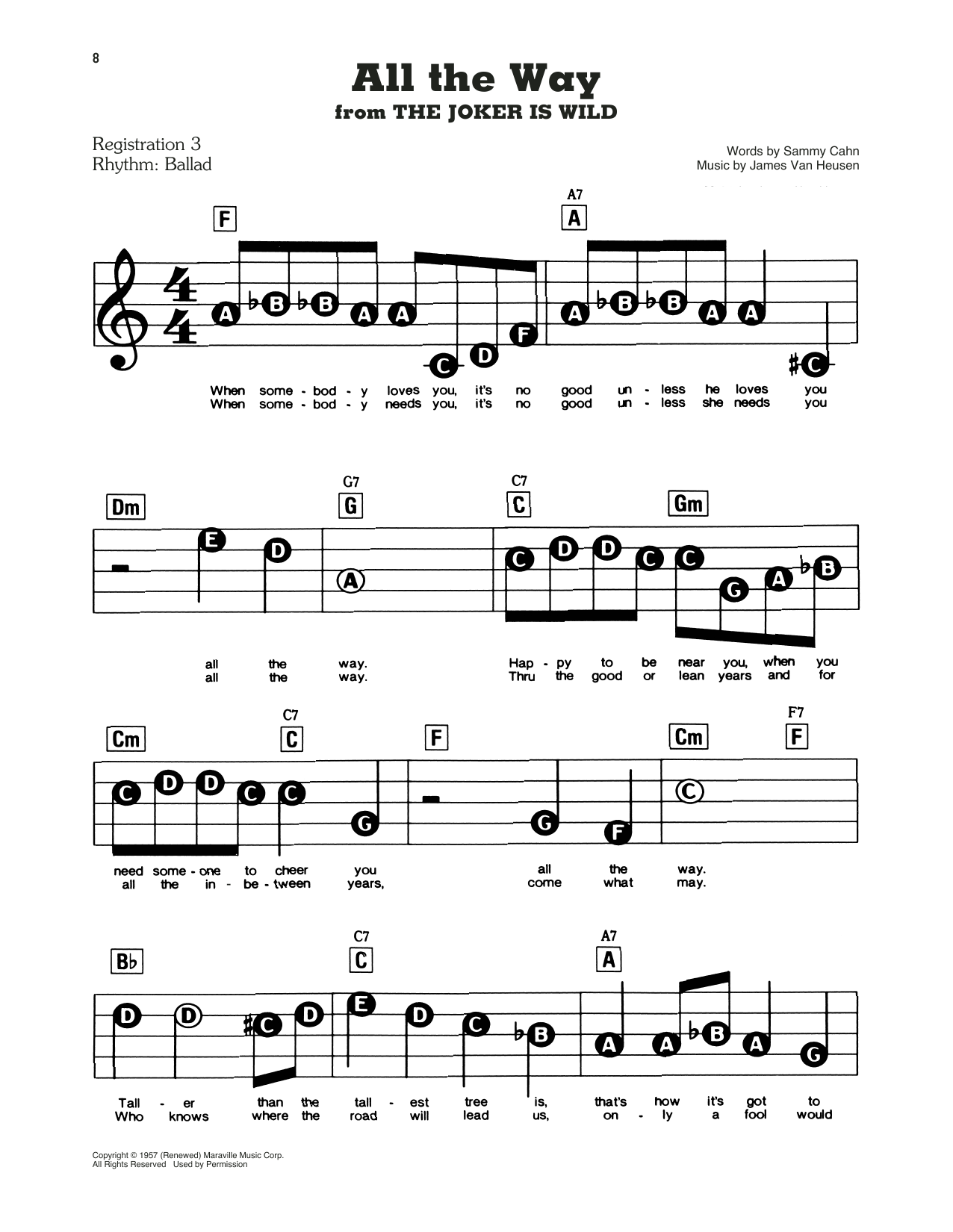 Preview Frank Sinatra All The Way Jazz sheet music, notes and chords for Melody Line, Lyrics & Chords, SKU: 176948 sheet music, piano notes, chords, guitar tabs, score, transpose, transcribe, how to play, guide, download, learn, tutorial, progression, song, artist, awards, billboard, mtv, vh1, tour, single, album, release
