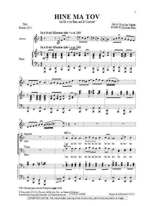Allan Naplan Hine Ma Tov Sheet Music Notes & Chords for SATB - Download or Print PDF