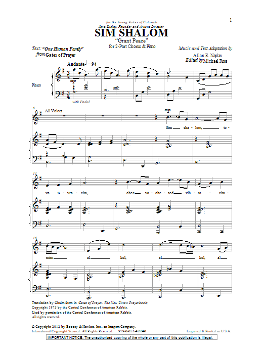 Allan Naplan Sim Shalom (Grant Peace) Sheet Music Notes & Chords for 2-Part Choir - Download or Print PDF