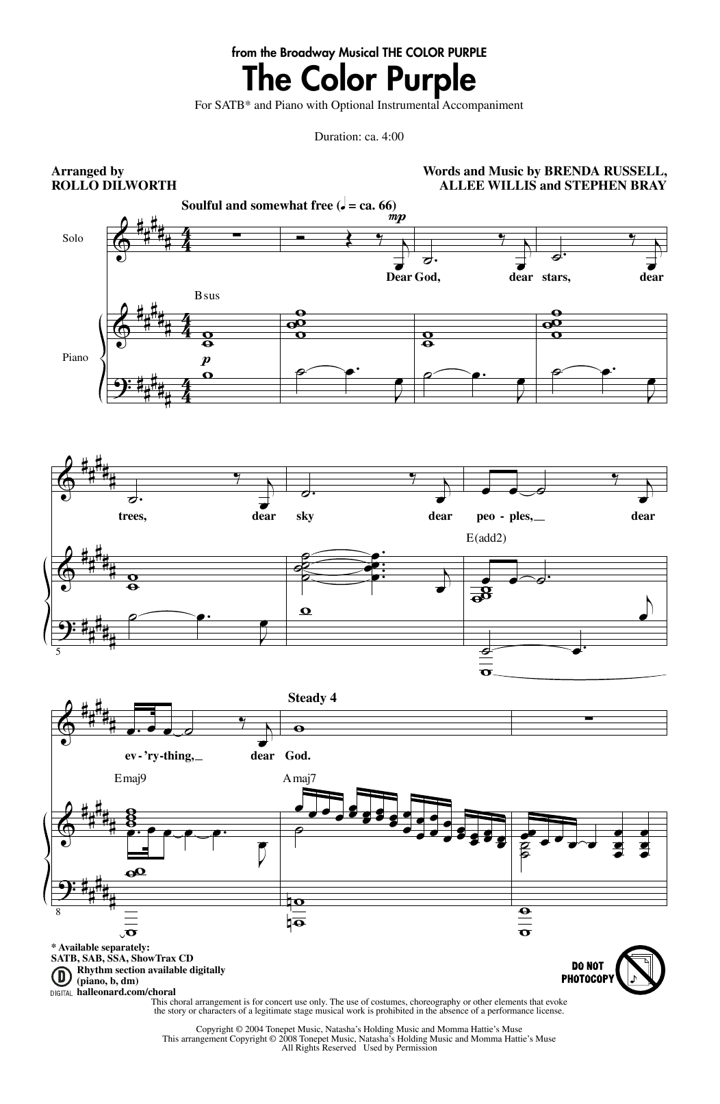 Allee Willis The Color Purple (arr. Rollo Dilworth) Sheet Music Notes & Chords for SATB Choir - Download or Print PDF Allee Willis The Color Purple (arr. Rollo Dilworth) Sheet Music Notes & Chords for SATB Choir - Download or Print PDF