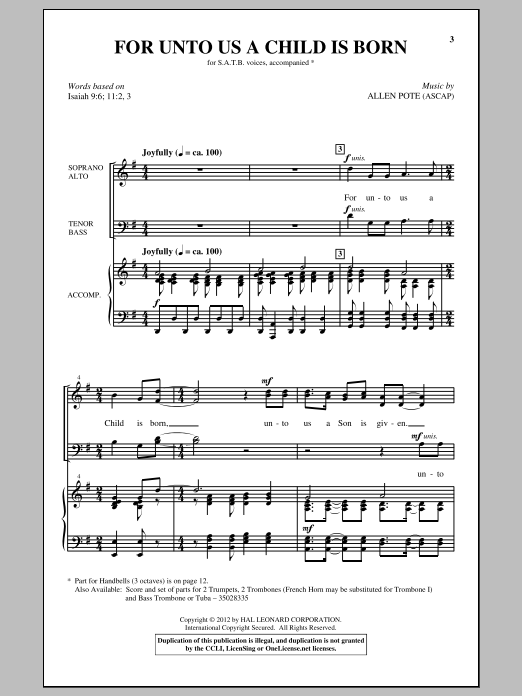 Allen Pote For Unto Us A Child Is Born Sheet Music Notes & Chords for SATB - Download or Print PDF