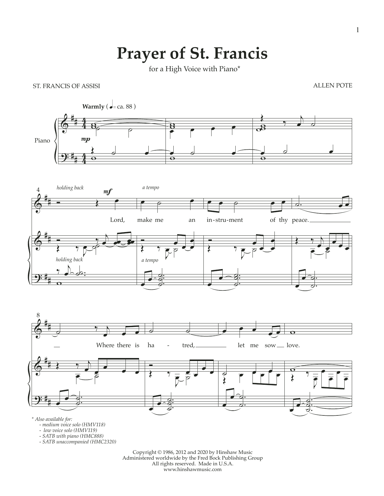 Allen Pote Prayer of St. Francis (High Voice) Sheet Music Notes & Chords for Piano & Vocal - Download or Print PDF