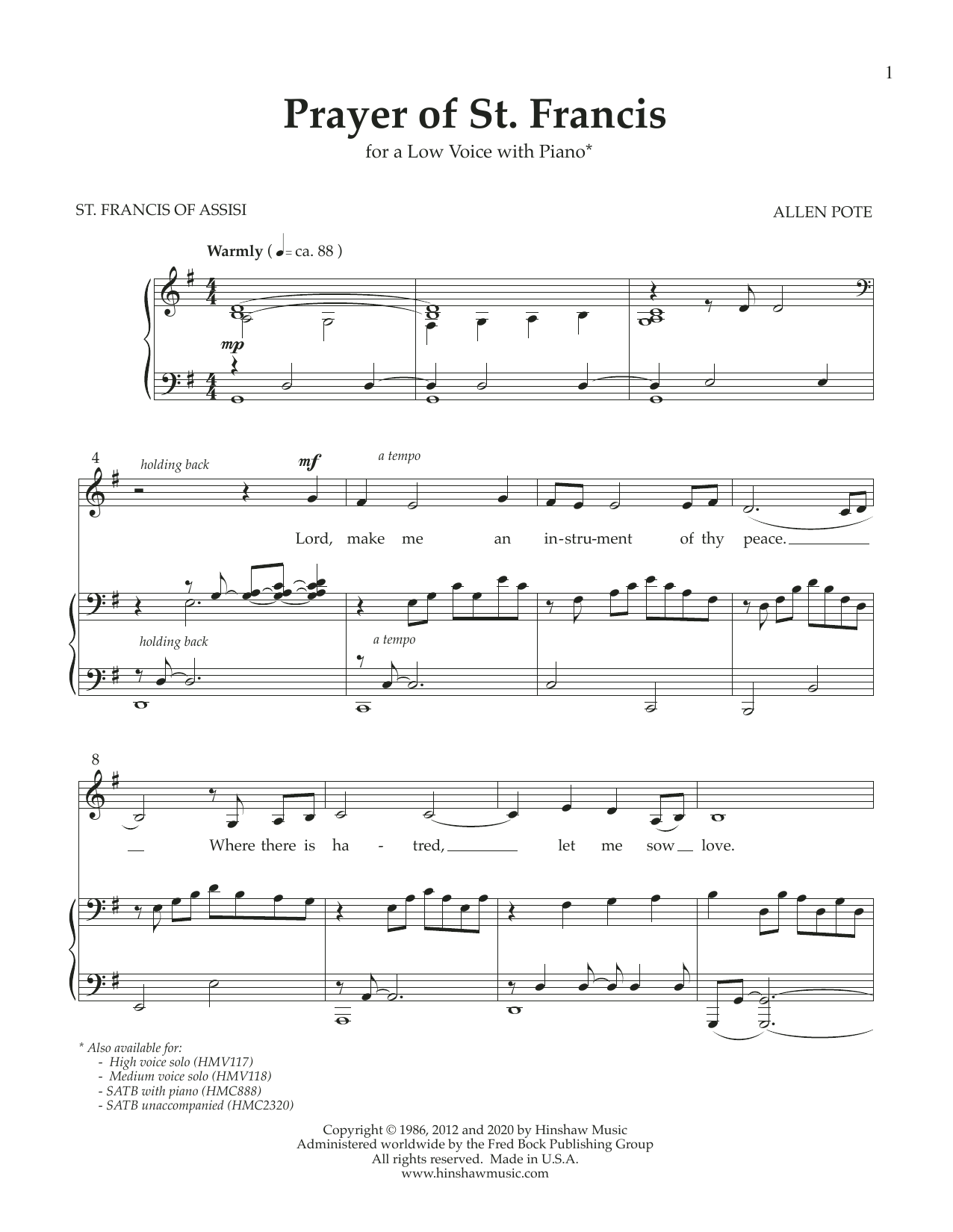 Allen Pote Prayer of St. Francis (Low Voice) Sheet Music Notes & Chords for Piano & Vocal - Download or Print PDF