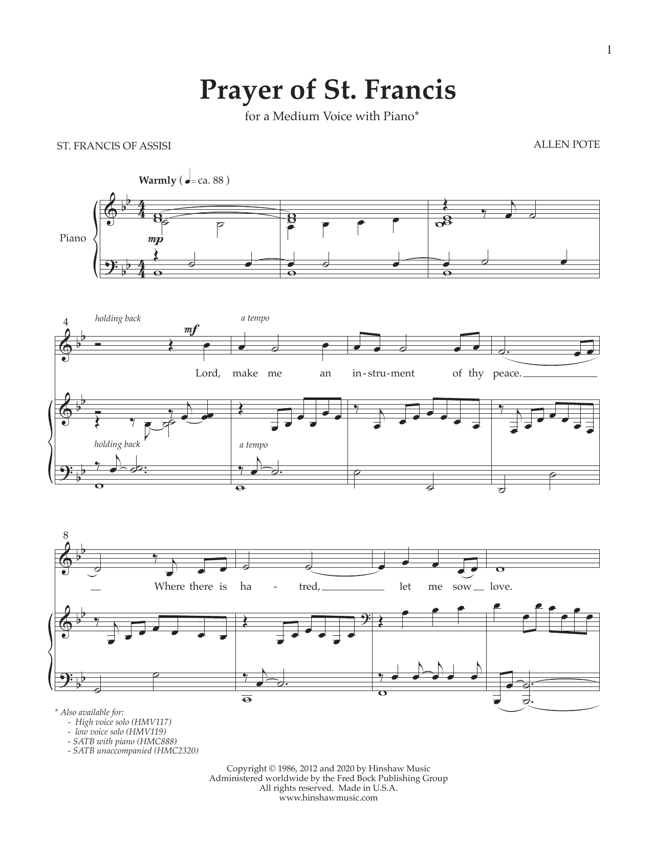 Allen Pote Prayer of St. Francis (Medium Voice) Sheet Music Notes & Chords for Piano & Vocal - Download or Print PDF