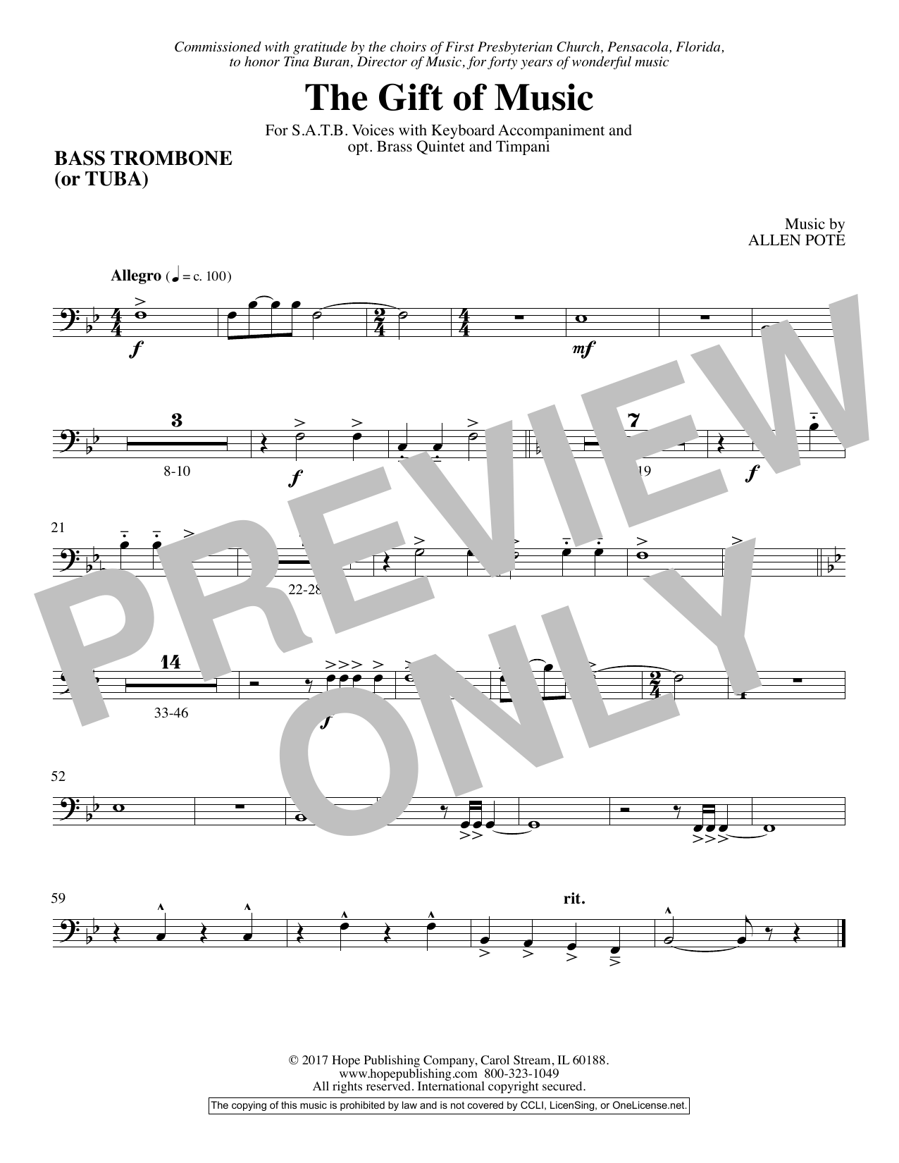 Allen Pote The Gift Of Music - Bass Trombone Sheet Music Notes & Chords for Choir Instrumental Pak - Download or Print PDF