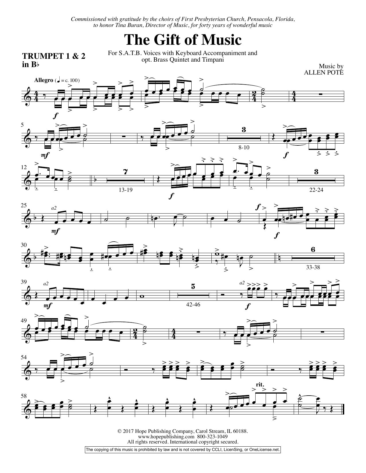 Allen Pote The Gift Of Music - Bb Trumpet 1 & 2 Sheet Music Notes & Chords for Choir Instrumental Pak - Download or Print PDF