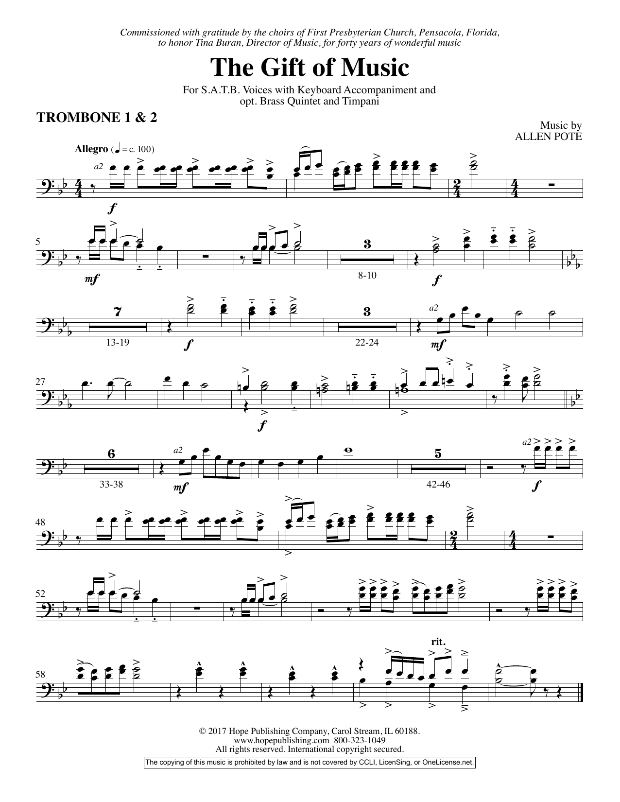 Allen Pote The Gift Of Music - Trombone 1 & 2 Sheet Music Notes & Chords for Choir Instrumental Pak - Download or Print PDF
