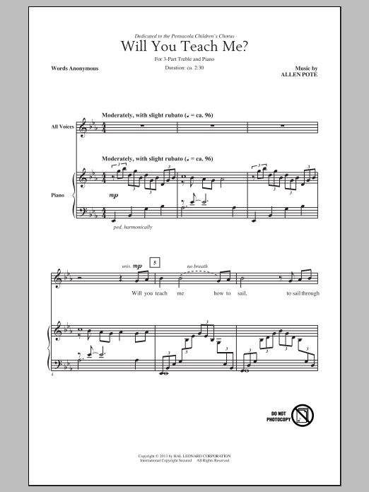 Allen Pote Will You Teach Me? Sheet Music Notes & Chords for 3-Part Treble - Download or Print PDF