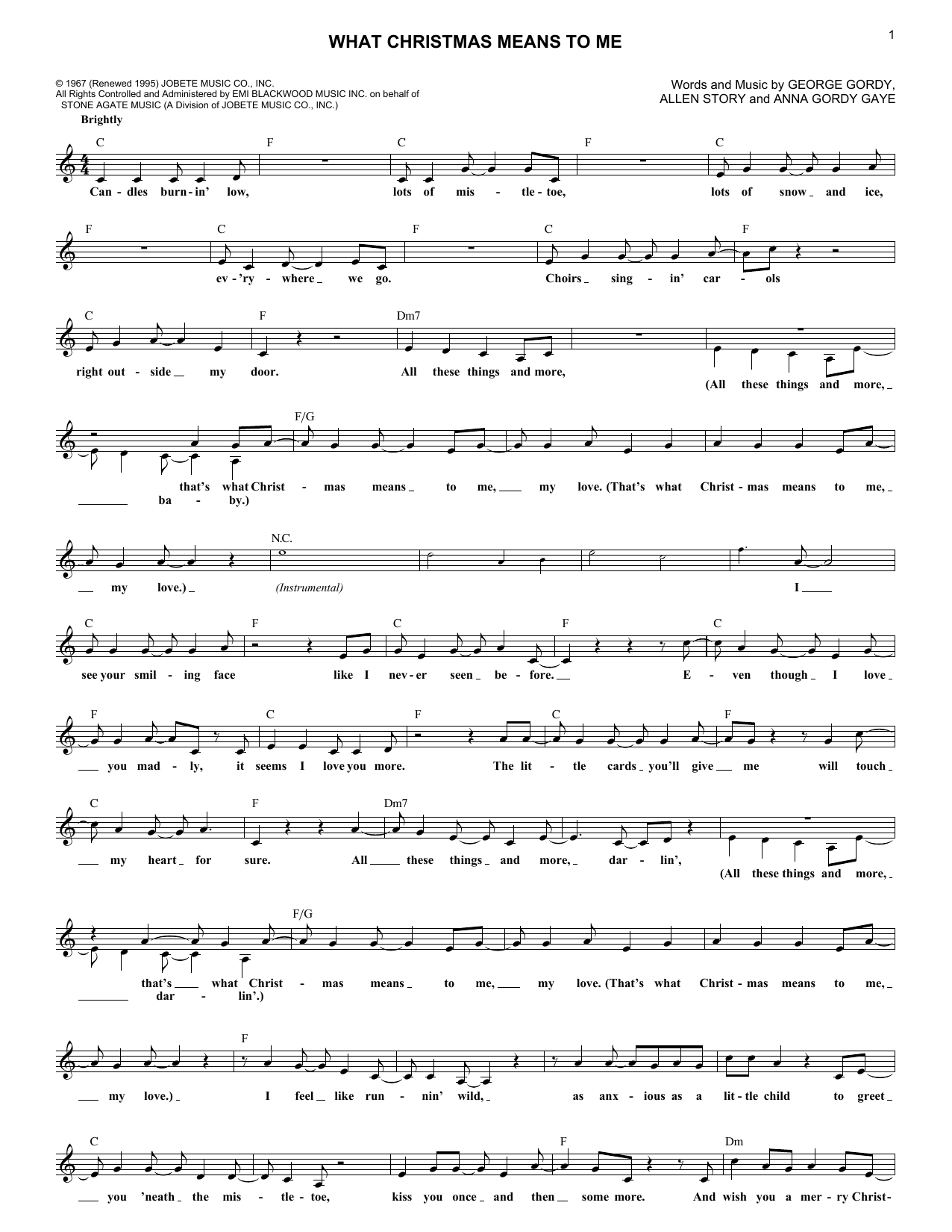 George Gordy What Christmas Means To Me Sheet Music Notes & Chords for Melody Line, Lyrics & Chords - Download or Print PDF