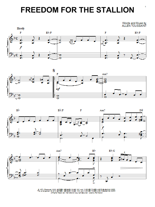 Allen Toussaint Freedom For The Stallion (arr. Brent Edstrom) Sheet Music Notes & Chords for Piano - Download or Print PDF Allen Toussaint Freedom For The Stallion (arr. Brent Edstrom) Sheet Music Notes & Chords for Piano - Download or Print PDF
