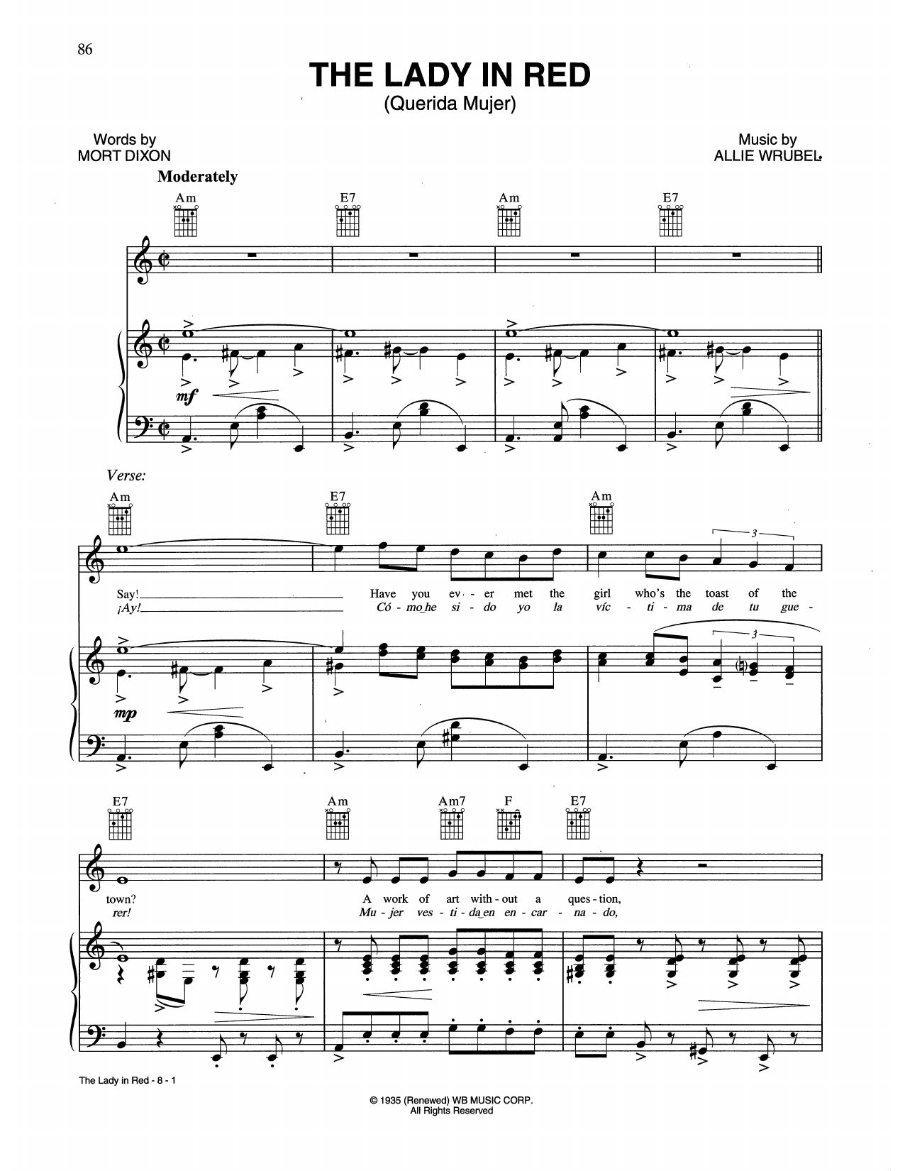 Allie Wrubel The Lady In Red Sheet Music Notes & Chords for Piano, Vocal & Guitar Chords (Right-Hand Melody) - Download or Print PDF