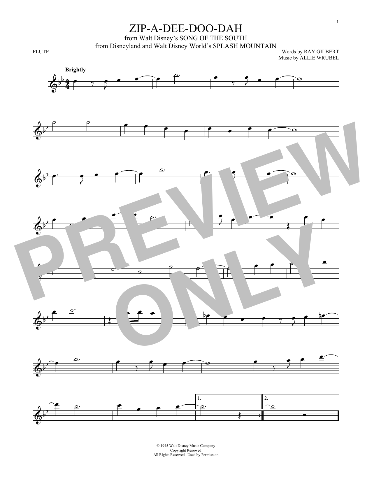 Allie Wrubel Zip-A-Dee-Doo-Dah Sheet Music Notes & Chords for Flute - Download or Print PDF