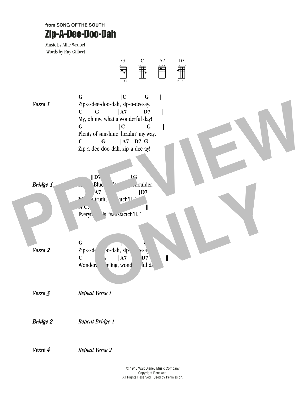 Allie Wrubel Zip-A-Dee-Doo-Dah Sheet Music Notes & Chords for Ukulele Chords/Lyrics - Download or Print PDF