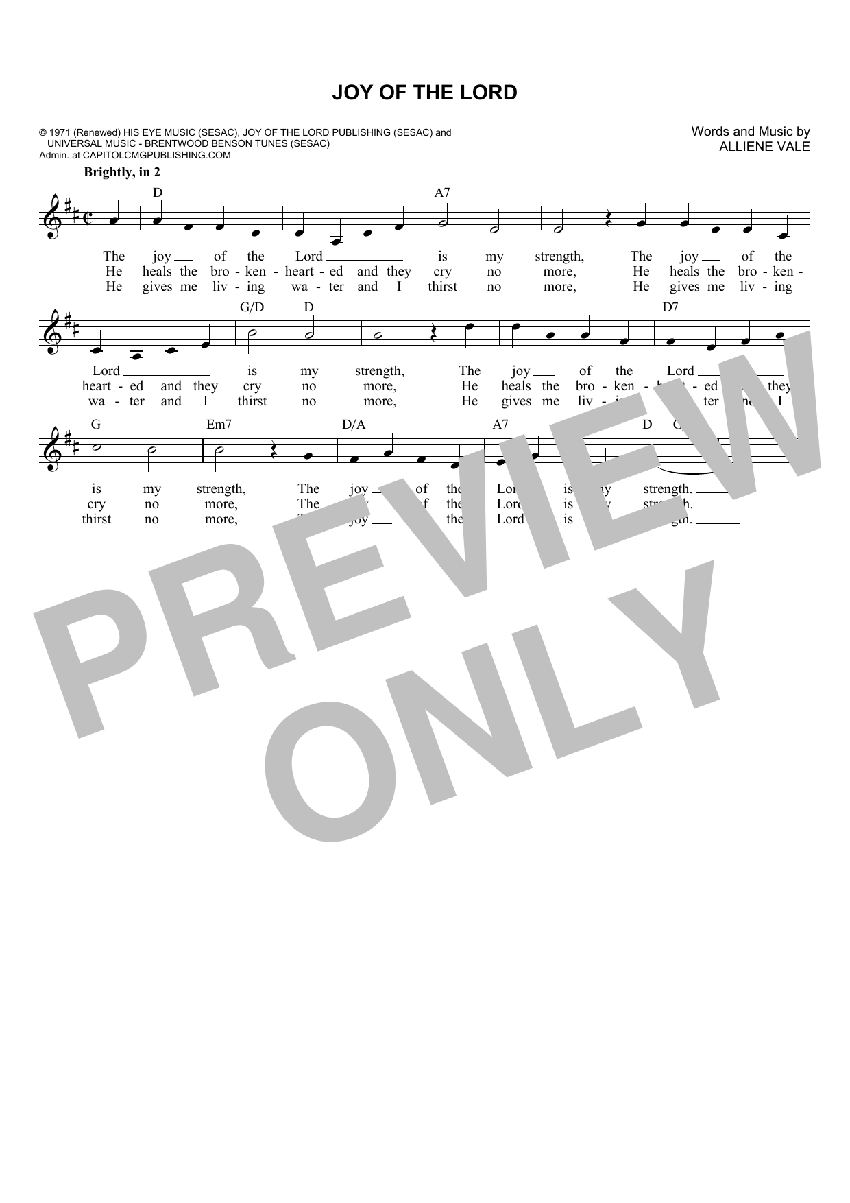 Alliene Vale Joy Of The Lord Sheet Music Notes & Chords for Melody Line, Lyrics & Chords - Download or Print PDF
