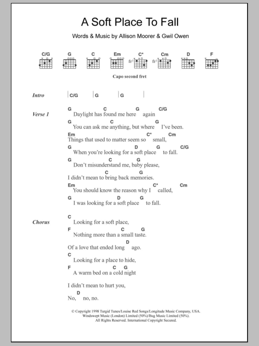 Allison Moorer A Soft Place To Fall Sheet Music Notes & Chords for Lyrics & Chords - Download or Print PDF Allison Moorer A Soft Place To Fall Sheet Music Notes & Chords for Lyrics & Chords - Download or Print PDF