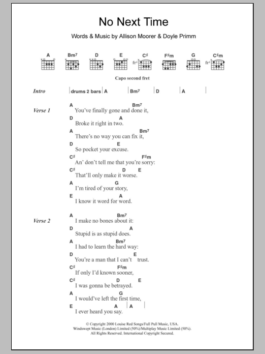 Allison Moorer No Next Time Sheet Music Notes & Chords for Lyrics & Chords - Download or Print PDF