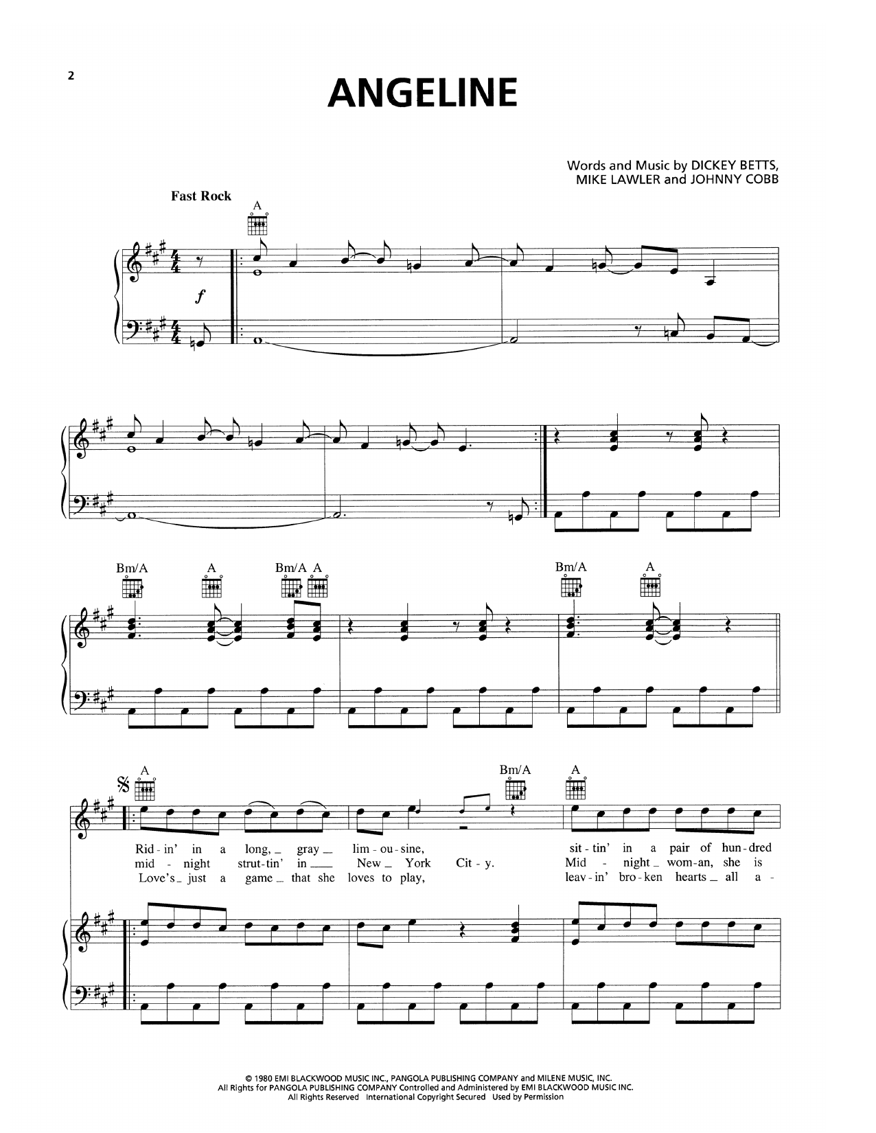 Allman Brothers Band Angeline Sheet Music Notes & Chords for Piano, Vocal & Guitar Chords (Right-Hand Melody) - Download or Print PDF Allman Brothers Band Angeline Sheet Music Notes & Chords for Piano, Vocal & Guitar Chords (Right-Hand Melody) - Download or Print PDF