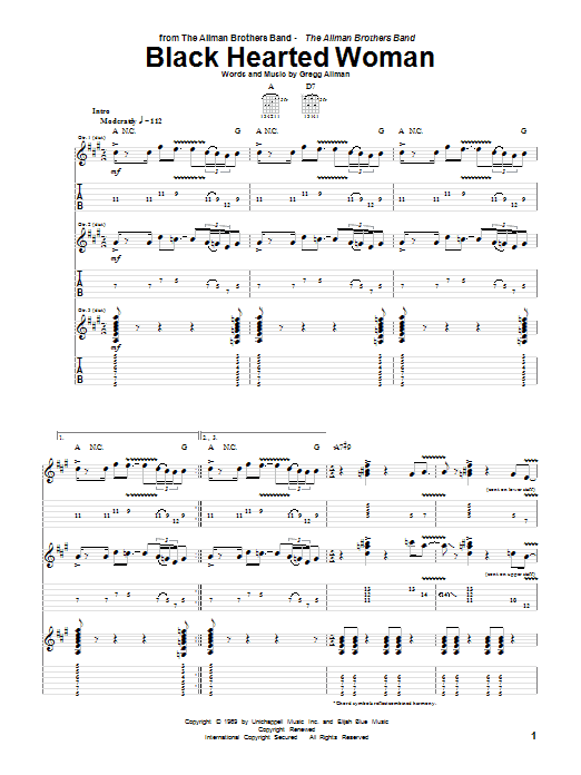 Allman Brothers Band Black Hearted Woman Sheet Music Notes & Chords for Guitar Tab - Download or Print PDF