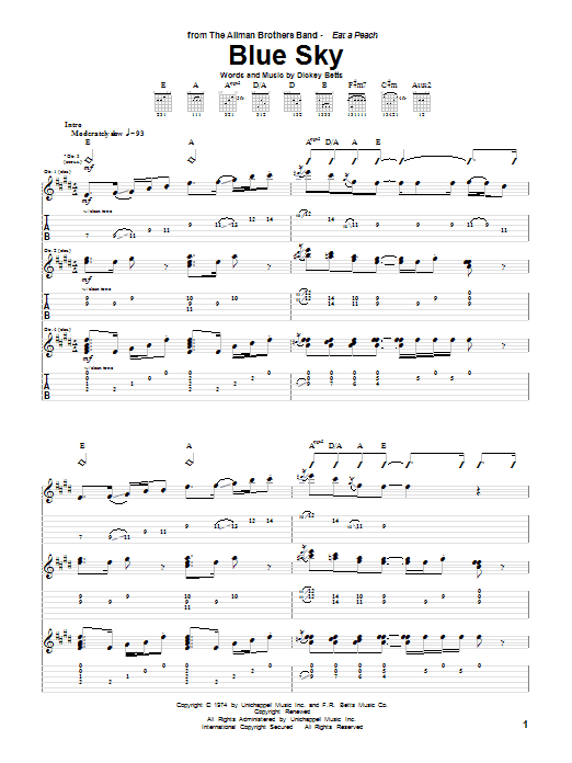Allman Brothers Band Blue Sky Sheet Music Notes & Chords for Guitar Tab - Download or Print PDF