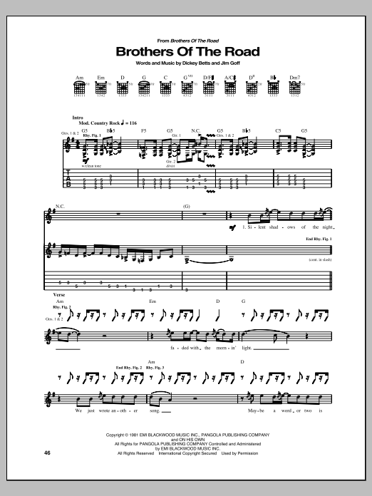 Allman Brothers Band Brothers Of The Road Sheet Music Notes & Chords for Guitar Tab - Download or Print PDF