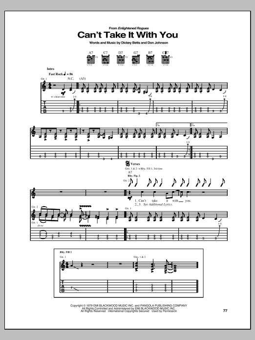 Allman Brothers Band Can't Take It With You Sheet Music Notes & Chords for Guitar Tab - Download or Print PDF