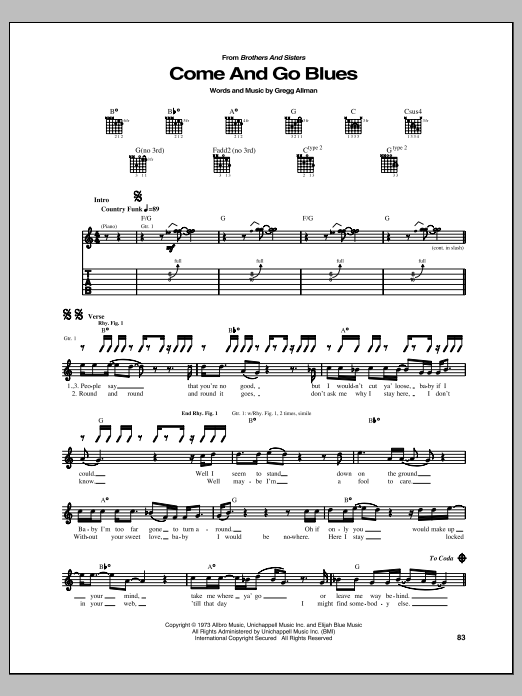 Allman Brothers Band Come And Go Blues Sheet Music Notes & Chords for Guitar Tab - Download or Print PDF