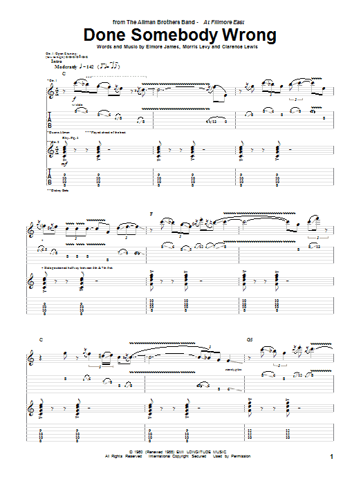 Allman Brothers Band Done Somebody Wrong Sheet Music Notes & Chords for Guitar Tab - Download or Print PDF