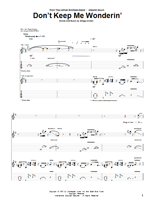 Allman Brothers Band Don't Keep Me Wonderin' Sheet Music Notes & Chords for Guitar Tab - Download or Print PDF