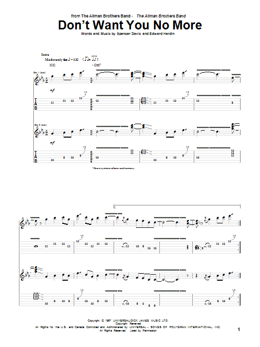 Allman Brothers Band Don't Want You No More Sheet Music Notes & Chords for Guitar Tab - Download or Print PDF