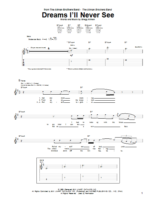 Allman Brothers Band Dreams I'll Never See Sheet Music Notes & Chords for Guitar Tab - Download or Print PDF