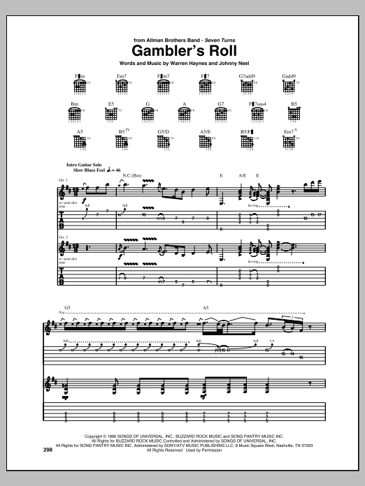 Allman Brothers Band Gambler's Roll Sheet Music Notes & Chords for Guitar Tab - Download or Print PDF