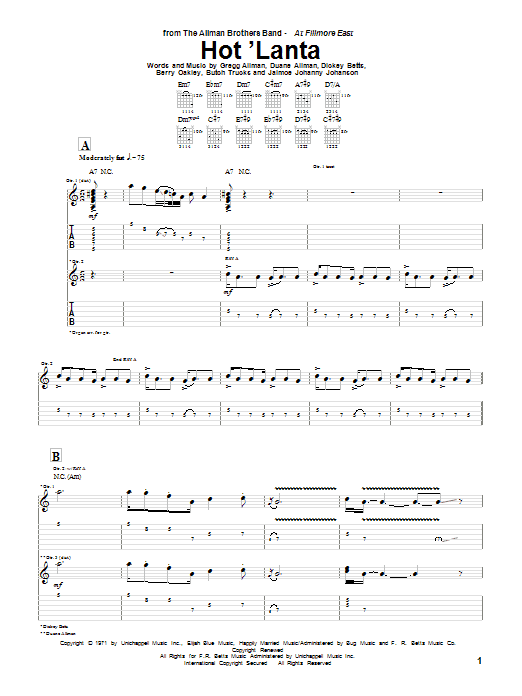 Allman Brothers Band Hot 'Lanta Sheet Music Notes & Chords for Guitar Tab - Download or Print PDF