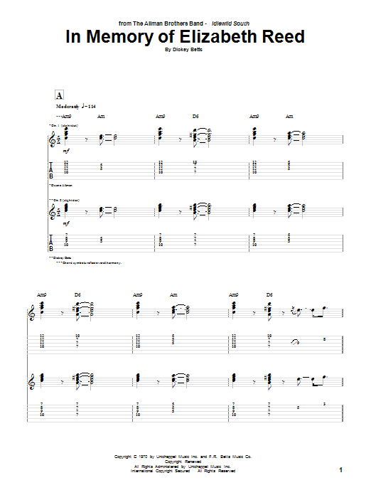 Allman Brothers Band In Memory Of Elizabeth Reed Sheet Music Notes & Chords for Guitar Tab Play-Along - Download or Print PDF