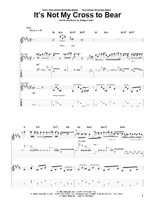 Allman Brothers Band It's Not My Cross To Bear Sheet Music Notes & Chords for Guitar Tab - Download or Print PDF