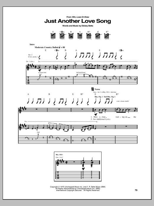 Allman Brothers Band Just Another Love Song Sheet Music Notes & Chords for Guitar Tab - Download or Print PDF