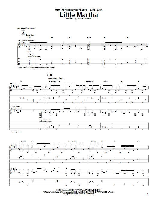 Allman Brothers Band Little Martha Sheet Music Notes & Chords for Guitar Tab - Download or Print PDF
