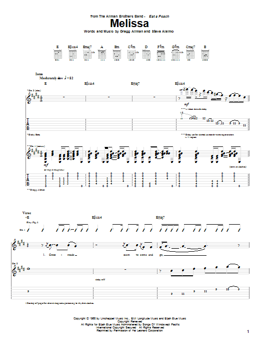 Allman Brothers Band Melissa Sheet Music Notes & Chords for Lyrics & Chords - Download or Print PDF